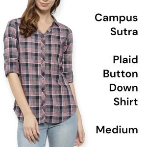 Campus Sutra pink and navy plaid button down shirt size M